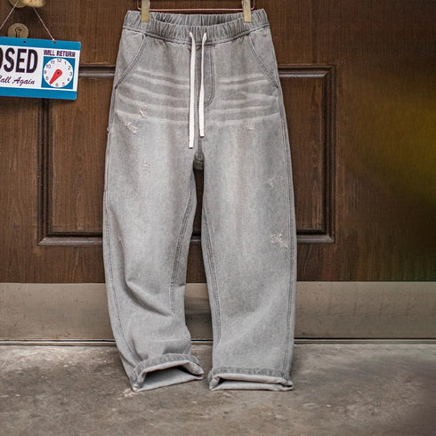 Vintage Heavyweight Washed Gray Jeans Distressed Straight Leg Carpenter Pants Elastic Waist Casual Ripped Denim Trousers